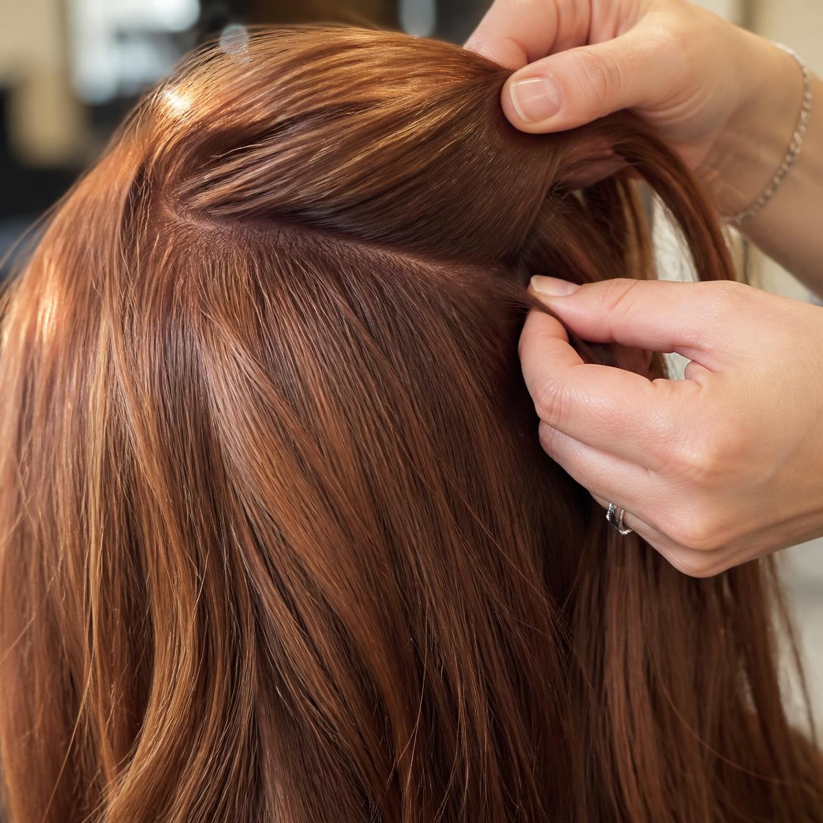 A stylist sectioning freshly coloured copper-brown hair