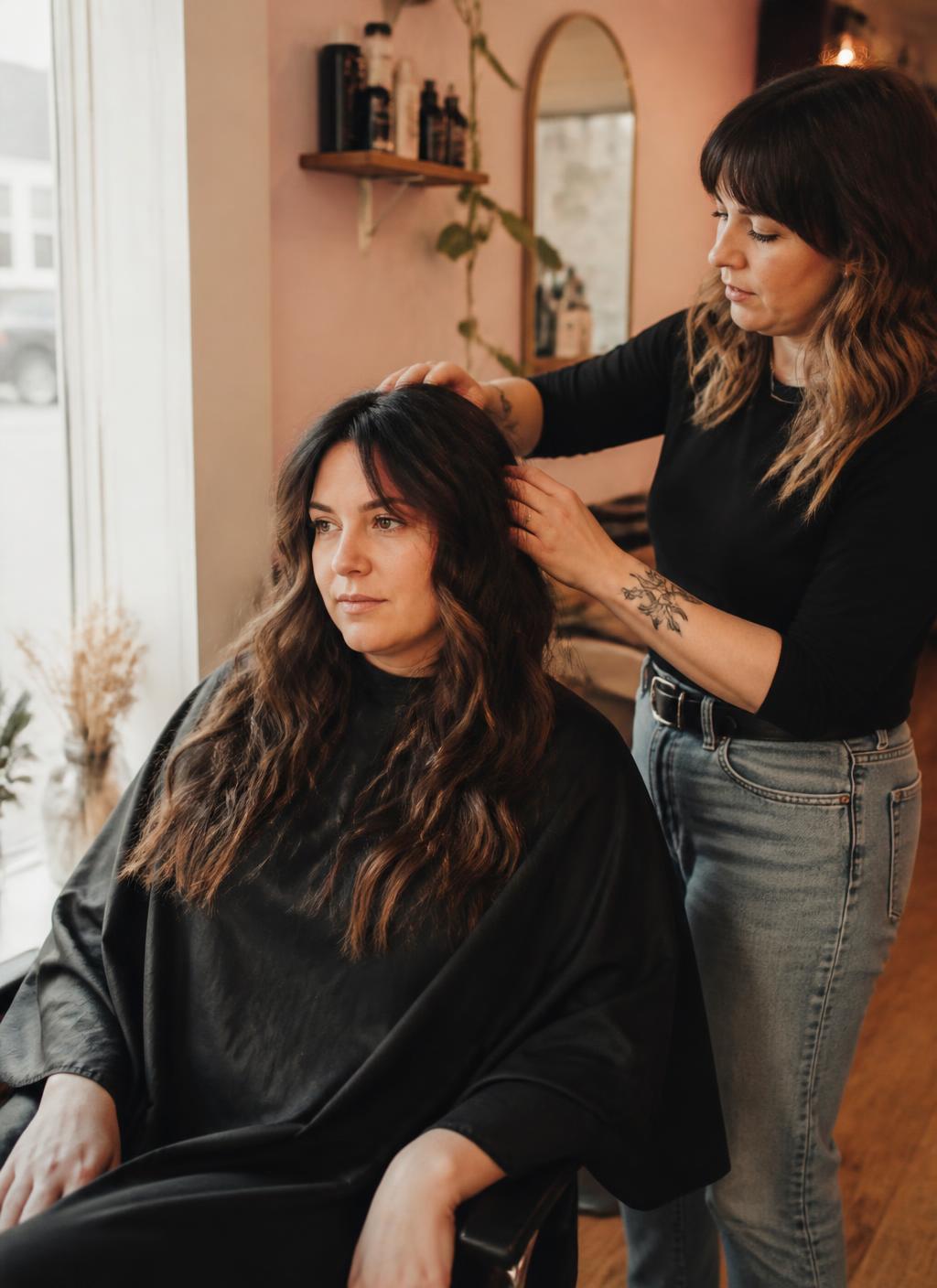 A stylist working on a client's long wavy hair by the window at Mia's salon